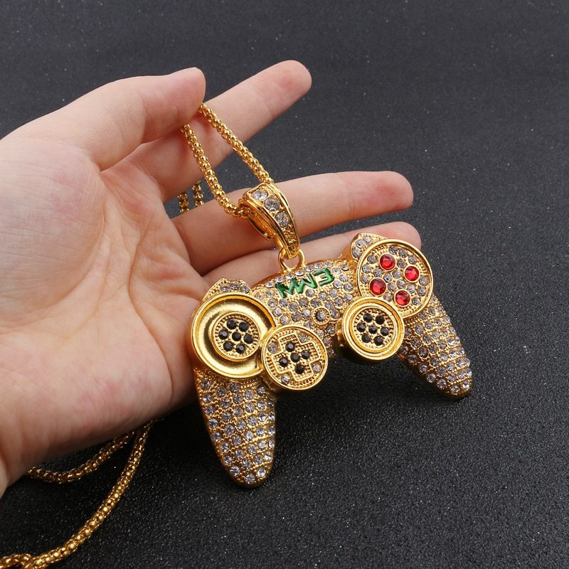 Hip Hop Bling Iced Out Link Chain Gold Color Pendant Game Controller ...